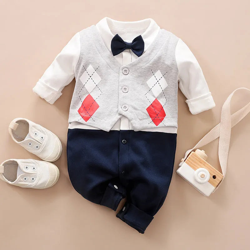 Cotton baby jumpsuit long sleeve in gentleman style for spring and autumn wear