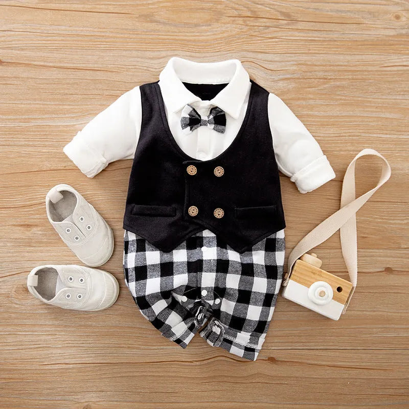 Cotton baby jumpsuit long sleeve in gentleman style for spring and autumn wear