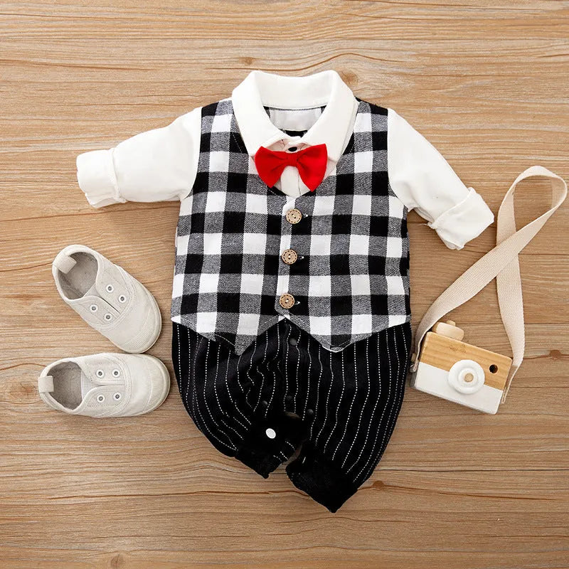 Cotton baby jumpsuit long sleeve in gentleman style for spring and autumn wear