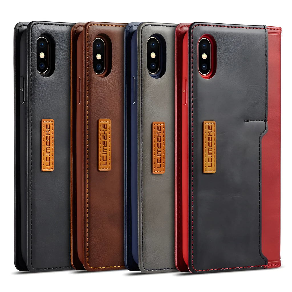 Black leather flip wallet phone case for iPhone shown open with cards inserted.