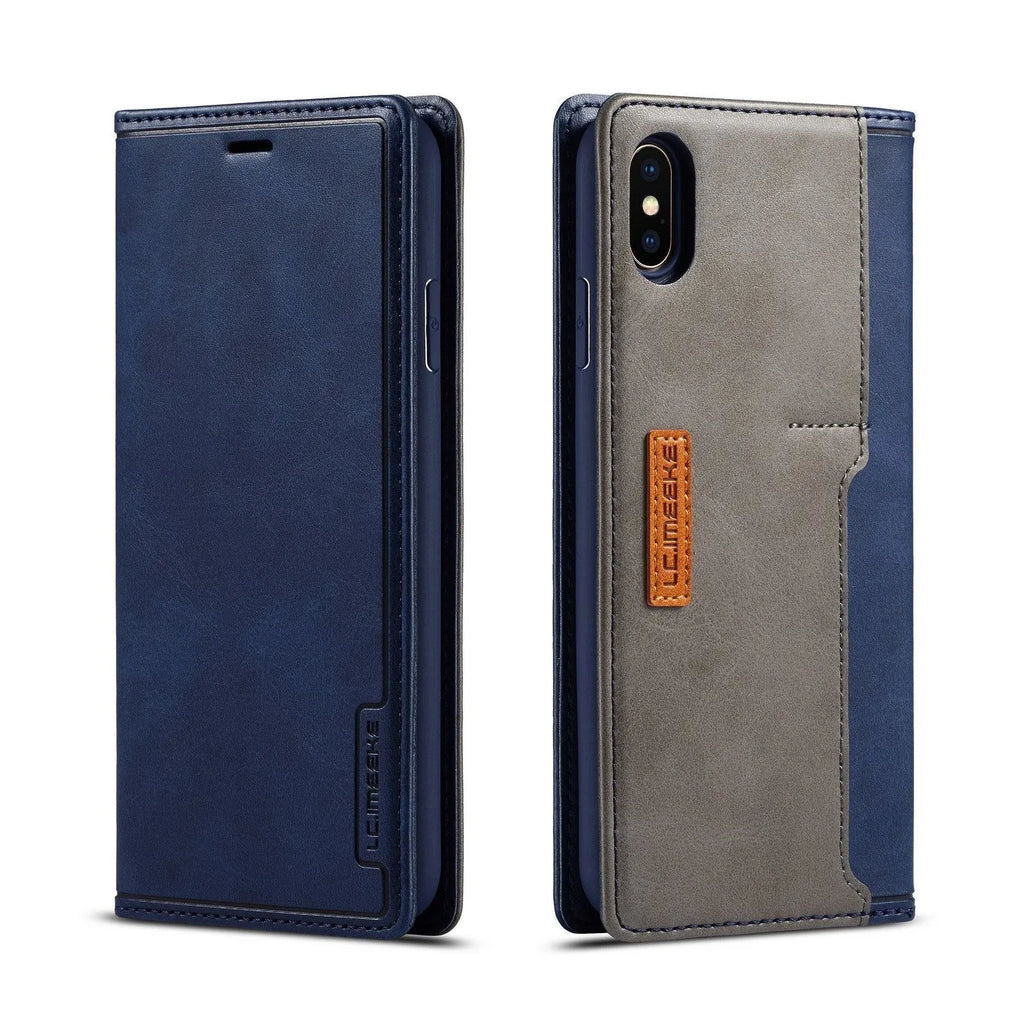 Black leather flip wallet phone case for iPhone shown open with cards inserted.