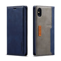 Black leather flip wallet phone case for iPhone shown open with cards inserted.