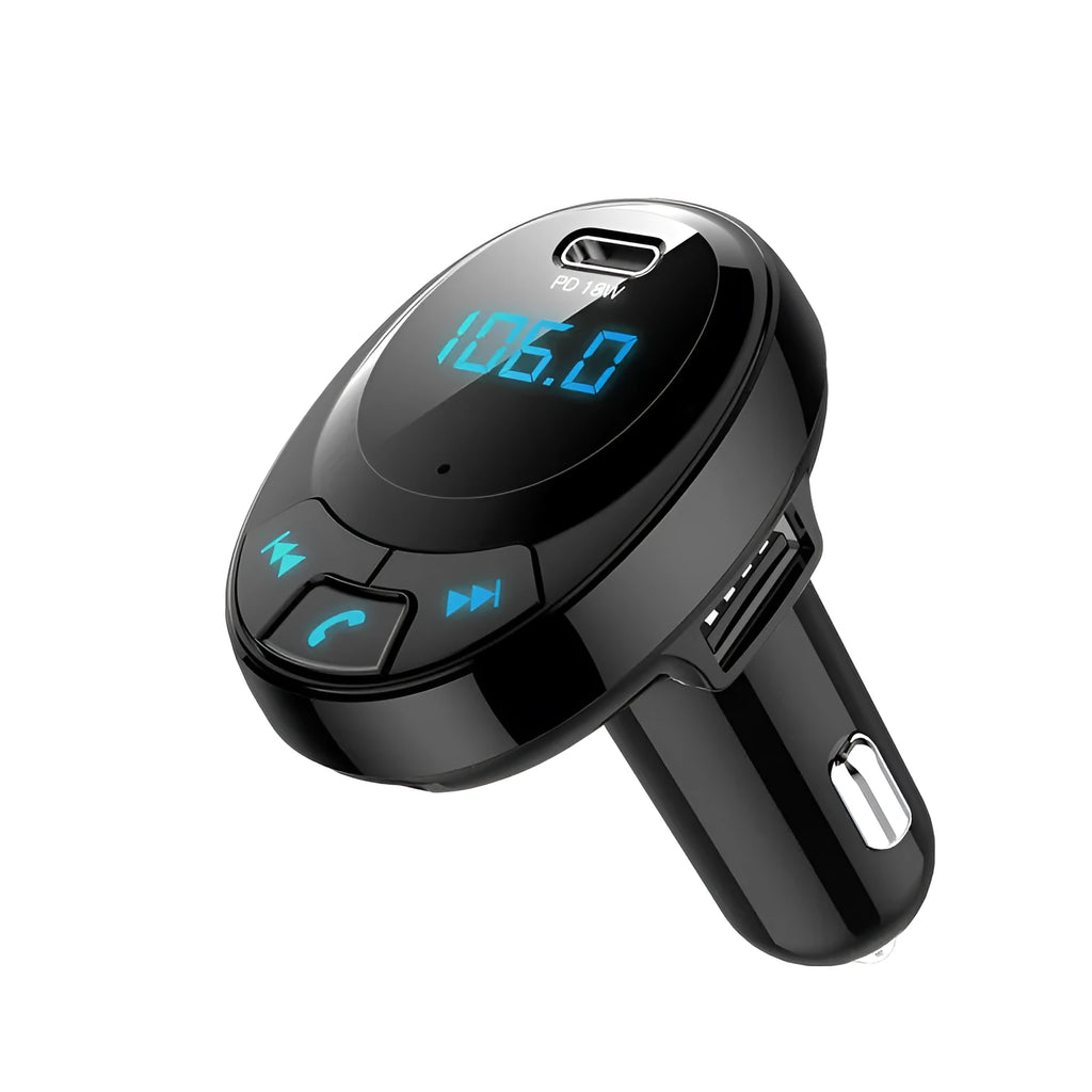 Black car MP3 charger with Bluetooth, digital display, and dual USB ports for in-car audio and charging