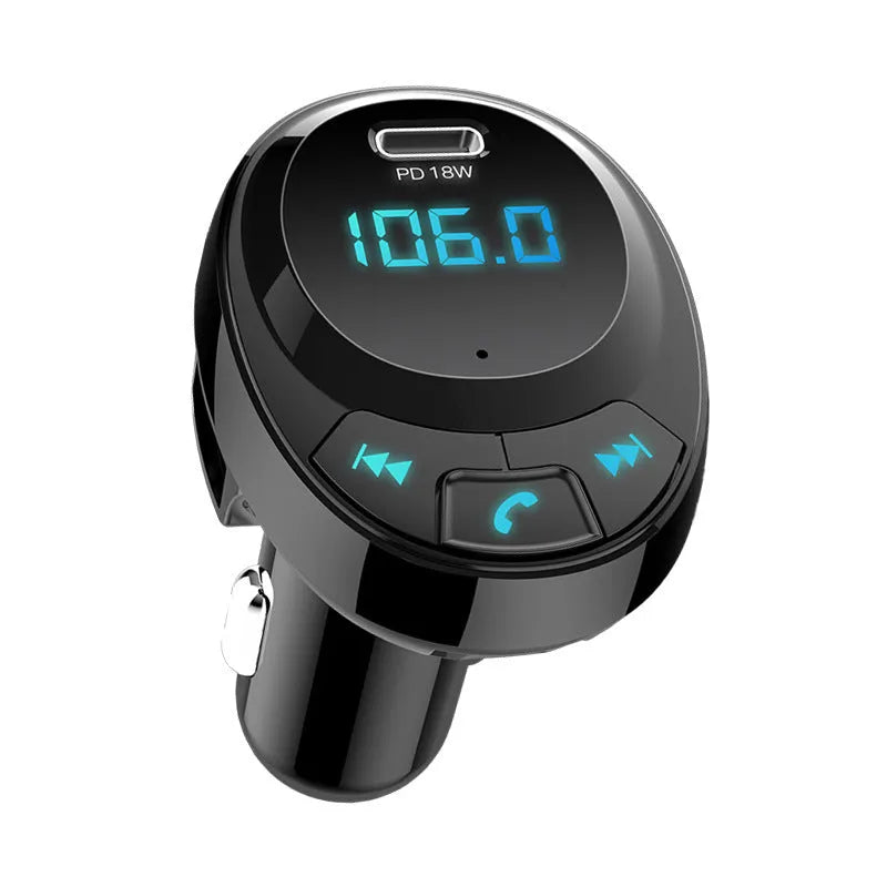 Black car MP3 charger with Bluetooth, digital display, and dual USB ports for in-car audio and charging