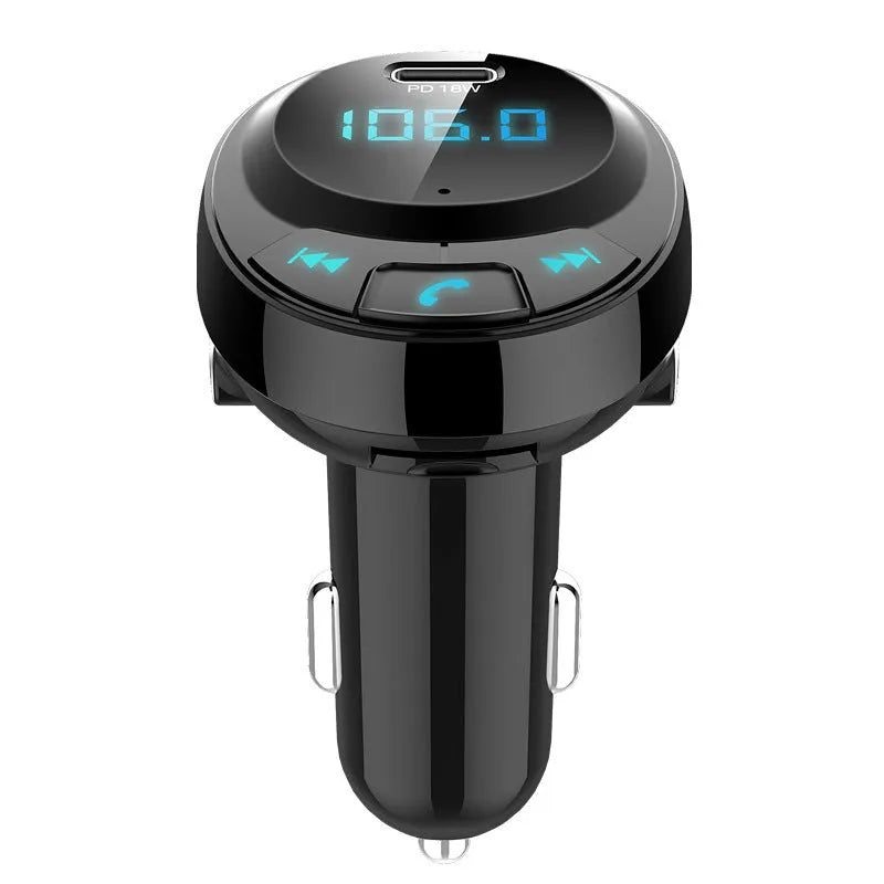 Black car MP3 charger with Bluetooth, digital display, and dual USB ports for in-car audio and charging