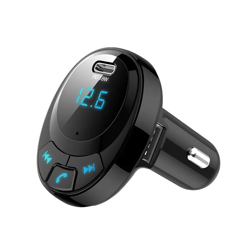 Black car MP3 charger with Bluetooth, digital display, and dual USB ports for in-car audio and charging