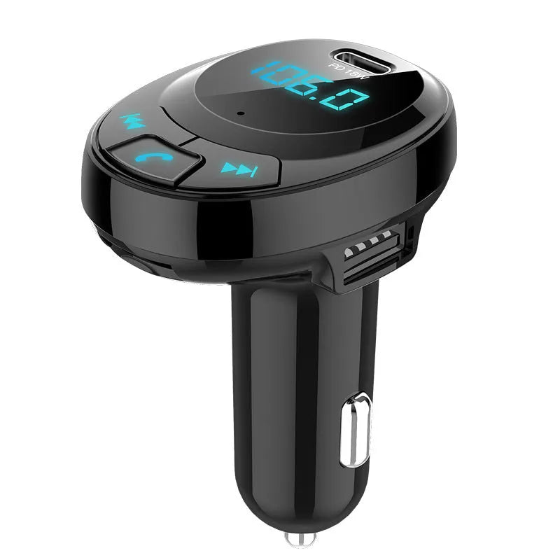 Black car MP3 charger with Bluetooth, digital display, and dual USB ports for in-car audio and charging