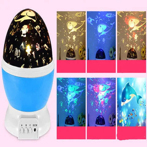 LED projector light in use showing starry sky projection, 14.5x13cm bedside table lamp with USB or battery power