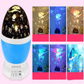 LED projector light in use showing starry sky projection, 14.5x13cm bedside table lamp with USB or battery power