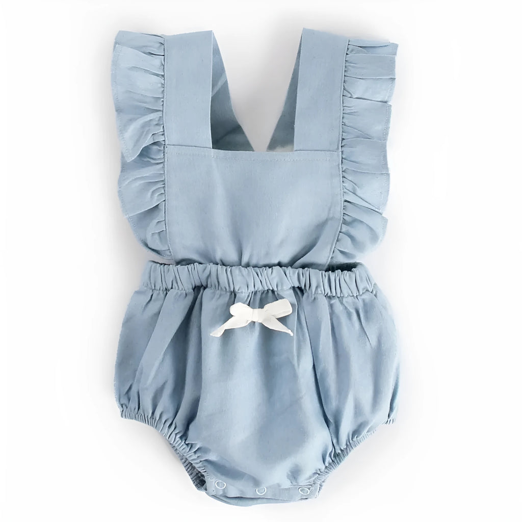 Blue denim lace baby romper, sleeveless 100% cotton bodysuit, pullover triangle climb style for spring