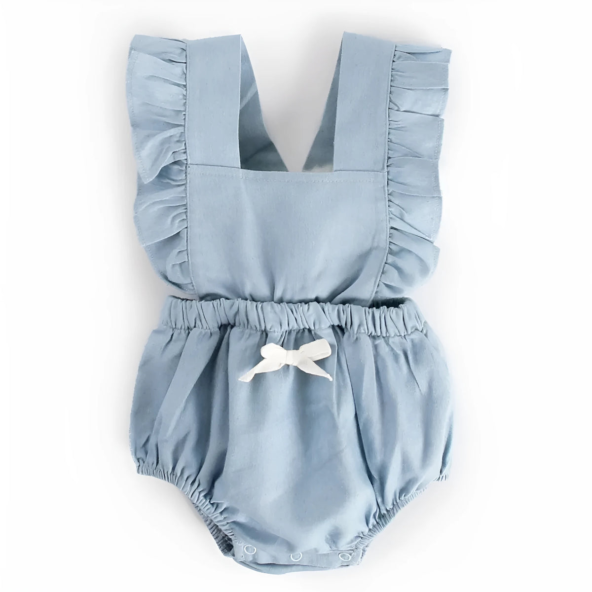 Blue denim lace baby romper, sleeveless 100% cotton bodysuit, pullover triangle climb style for spring