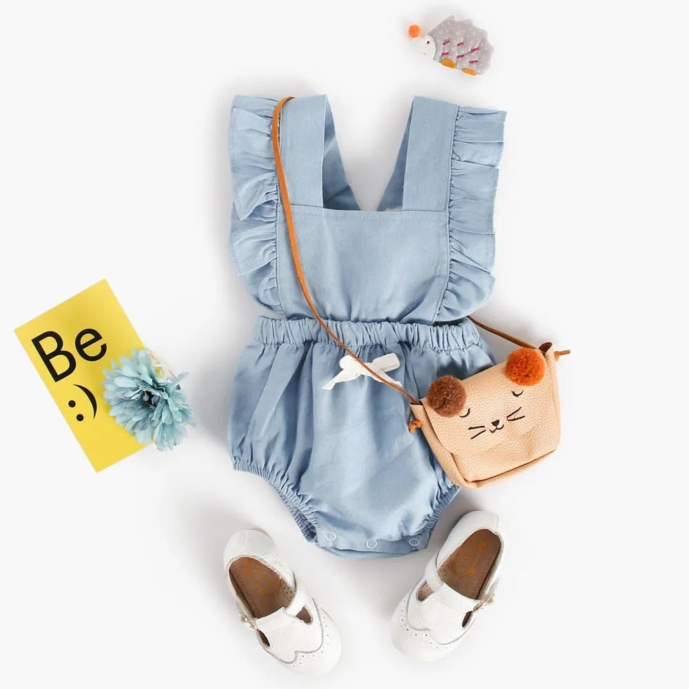 Blue denim lace baby romper, sleeveless 100% cotton bodysuit, pullover triangle climb style for spring