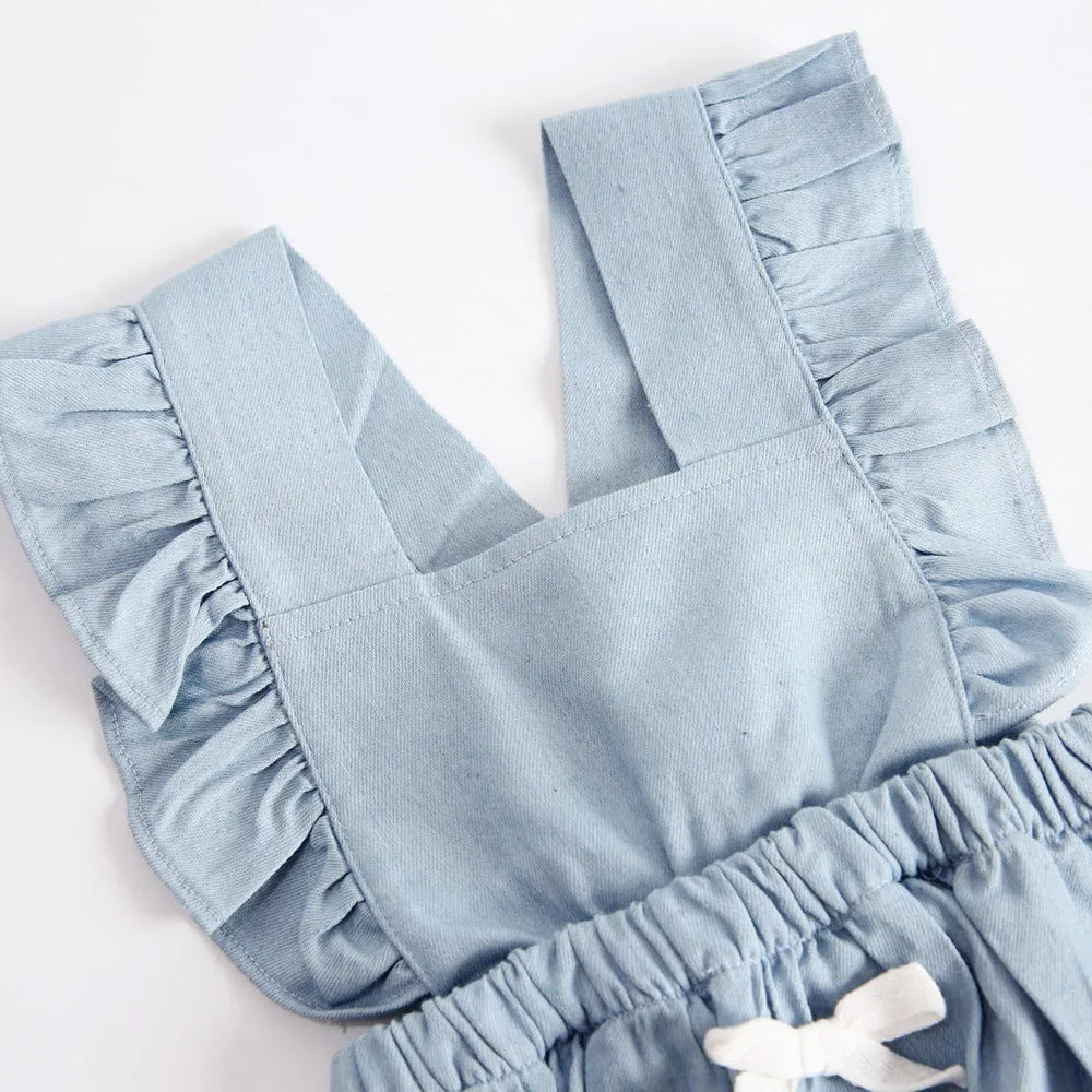 Blue denim lace baby romper, sleeveless 100% cotton bodysuit, pullover triangle climb style for spring