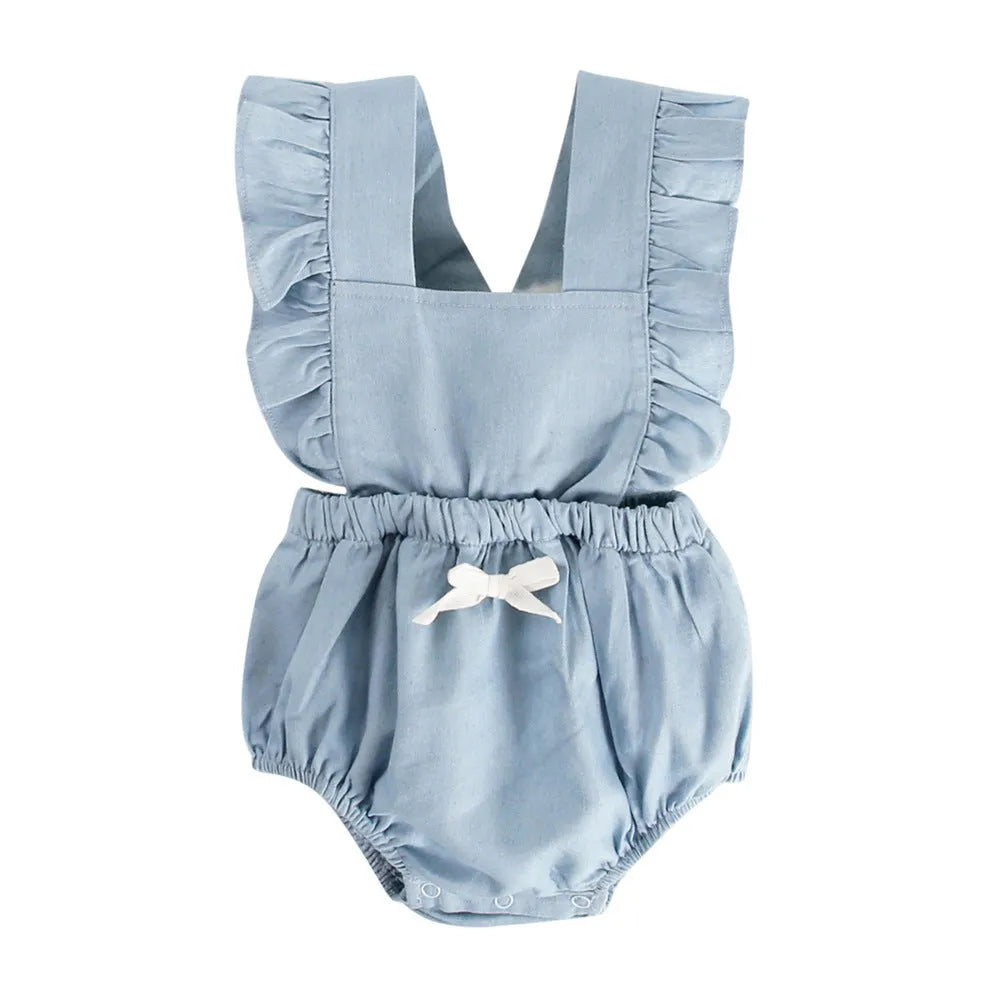 Blue denim lace baby romper, sleeveless 100% cotton bodysuit, pullover triangle climb style for spring