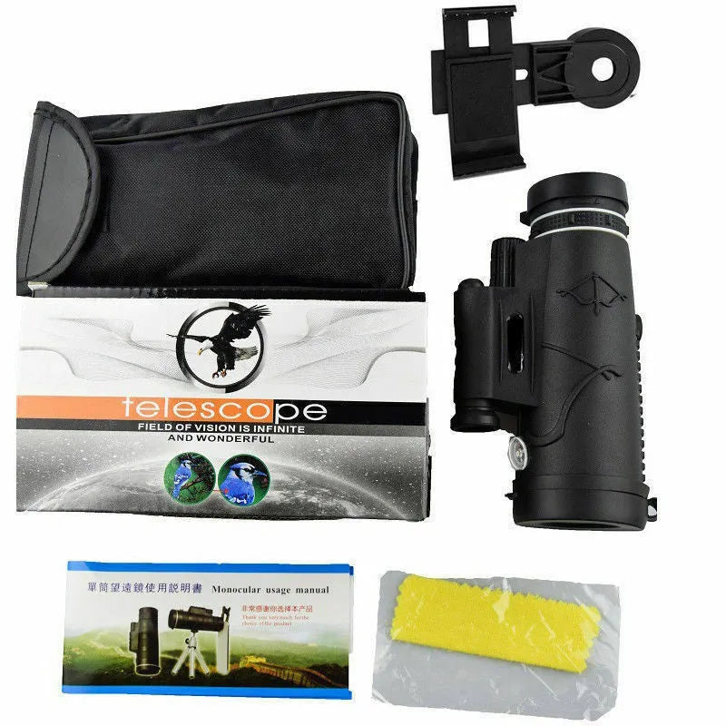 Cloth-covered 10x monocular civilian telescope for watching scenery, shown with universal clip and aluminium bracket option