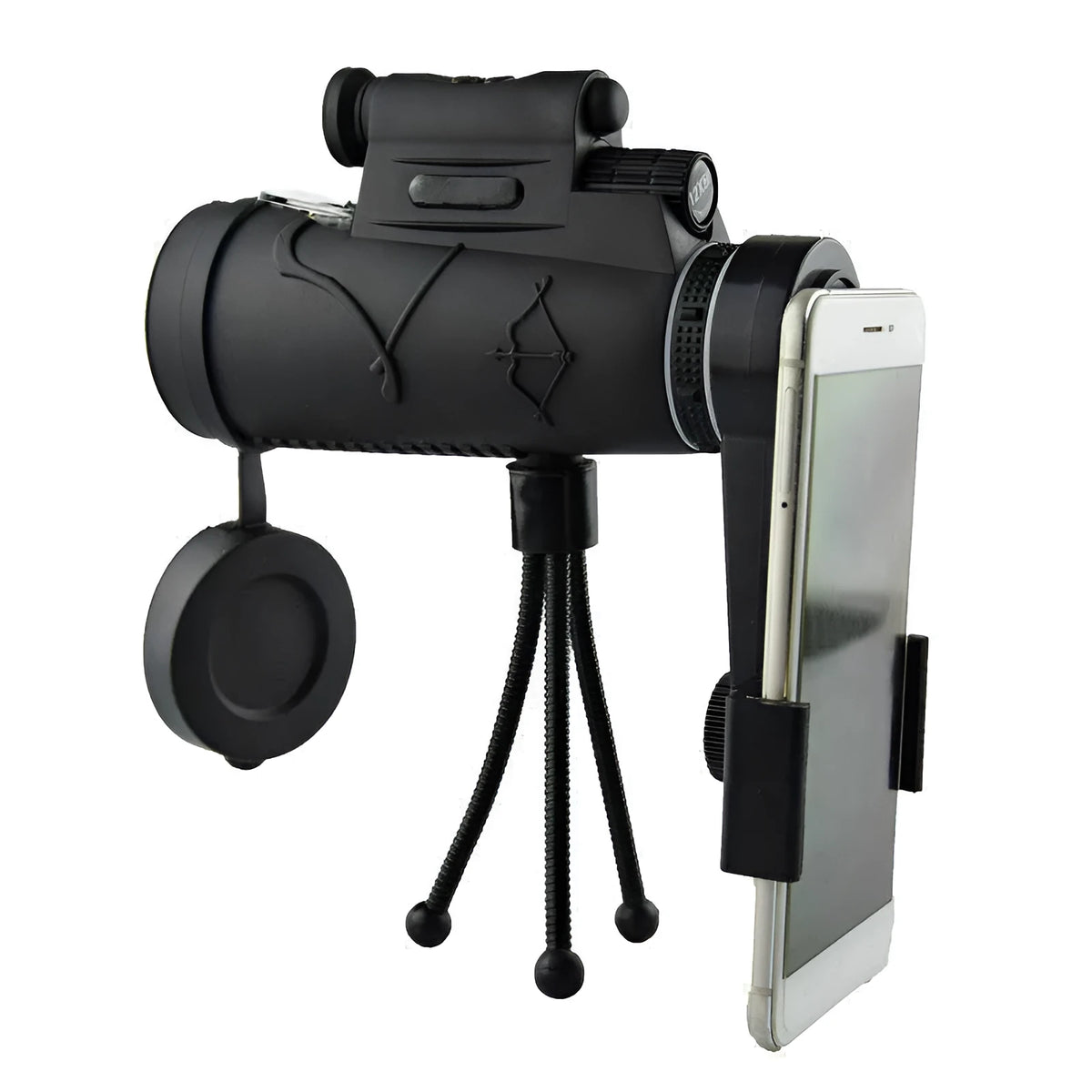 Cloth-covered 10x monocular civilian telescope for watching scenery, shown with universal clip and aluminium bracket option