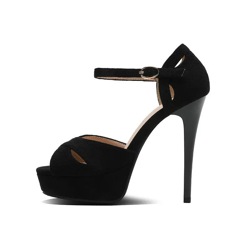 Black suede women's stiletto high heel sandals with fish mouth toe and Roman style platform.