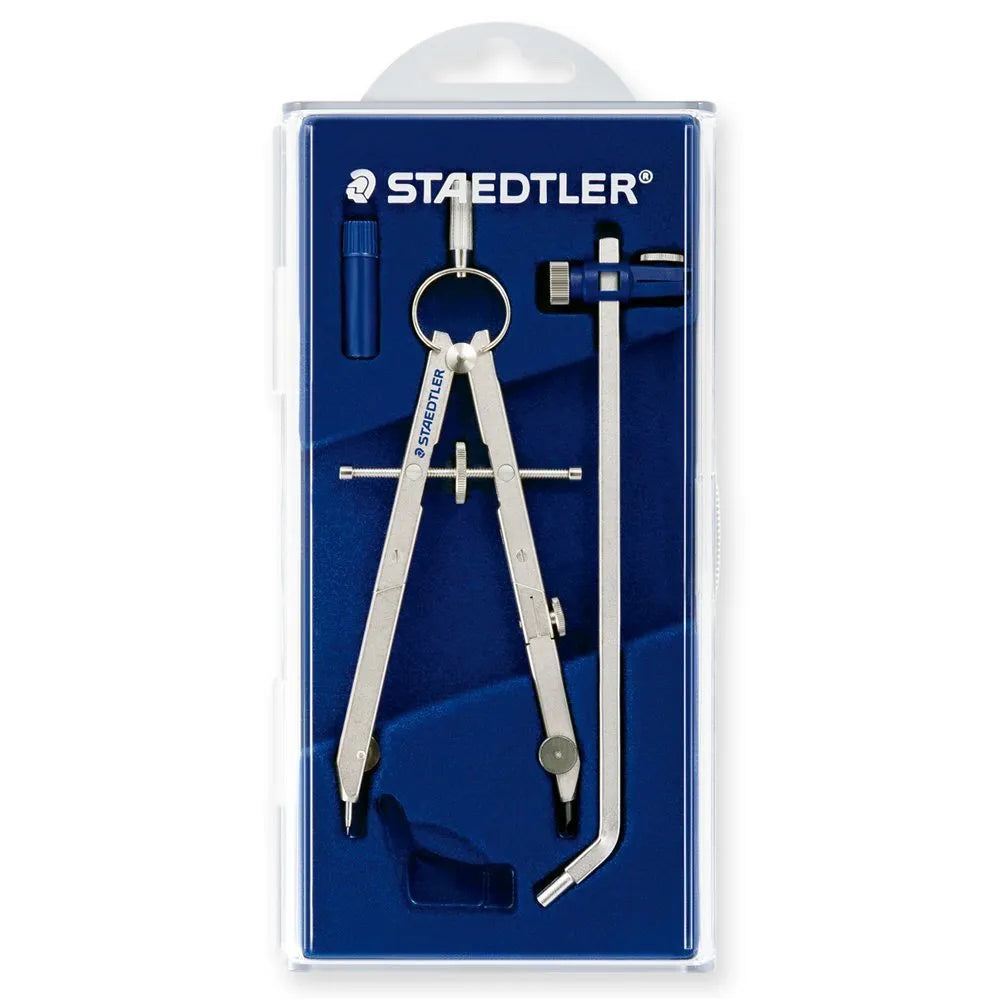 STAEDTLER steel car compass with telescopic rod showing 265mm drawing capacity