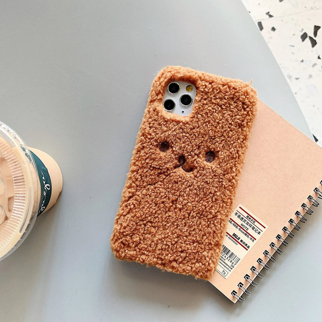 Brown embroidery plush cartoon bear face design on a flexible TPU iPhone phone case