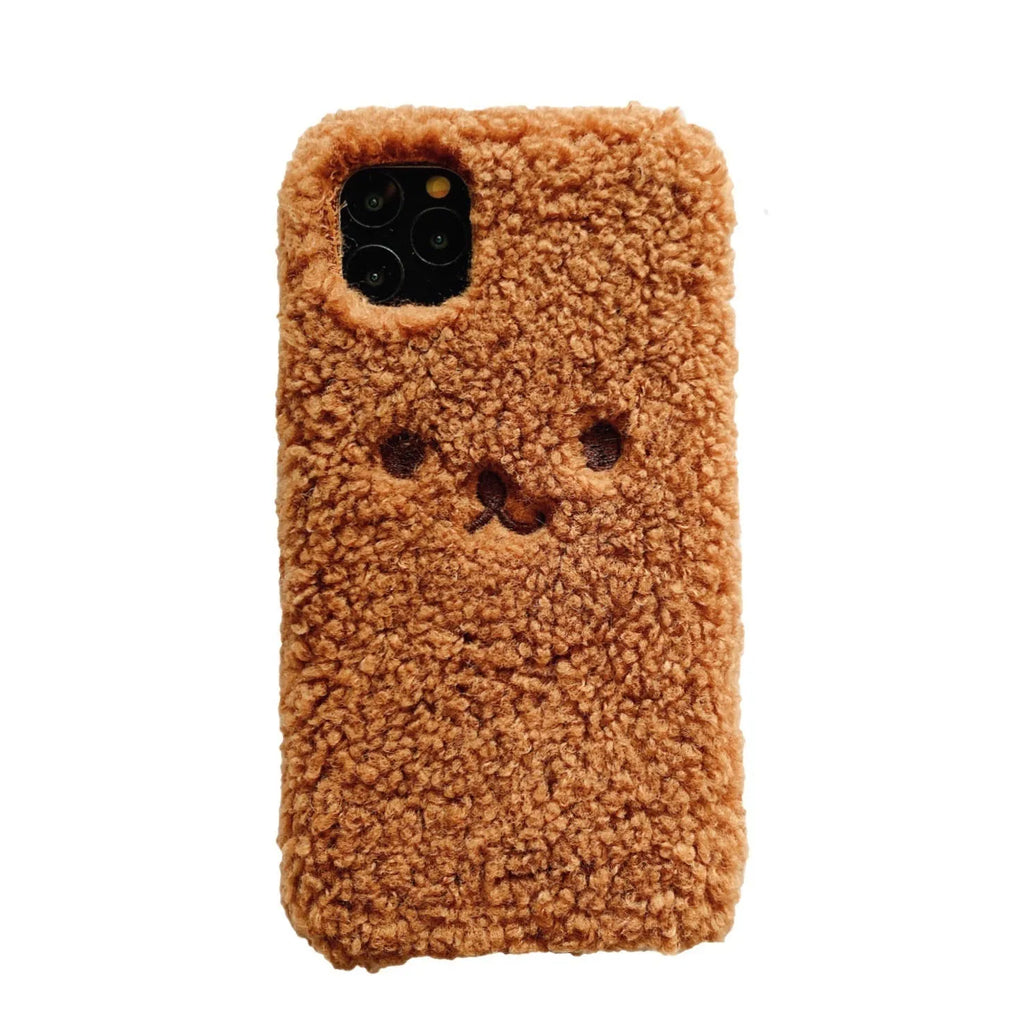 Brown embroidery plush cartoon bear face design on a flexible TPU iPhone phone case