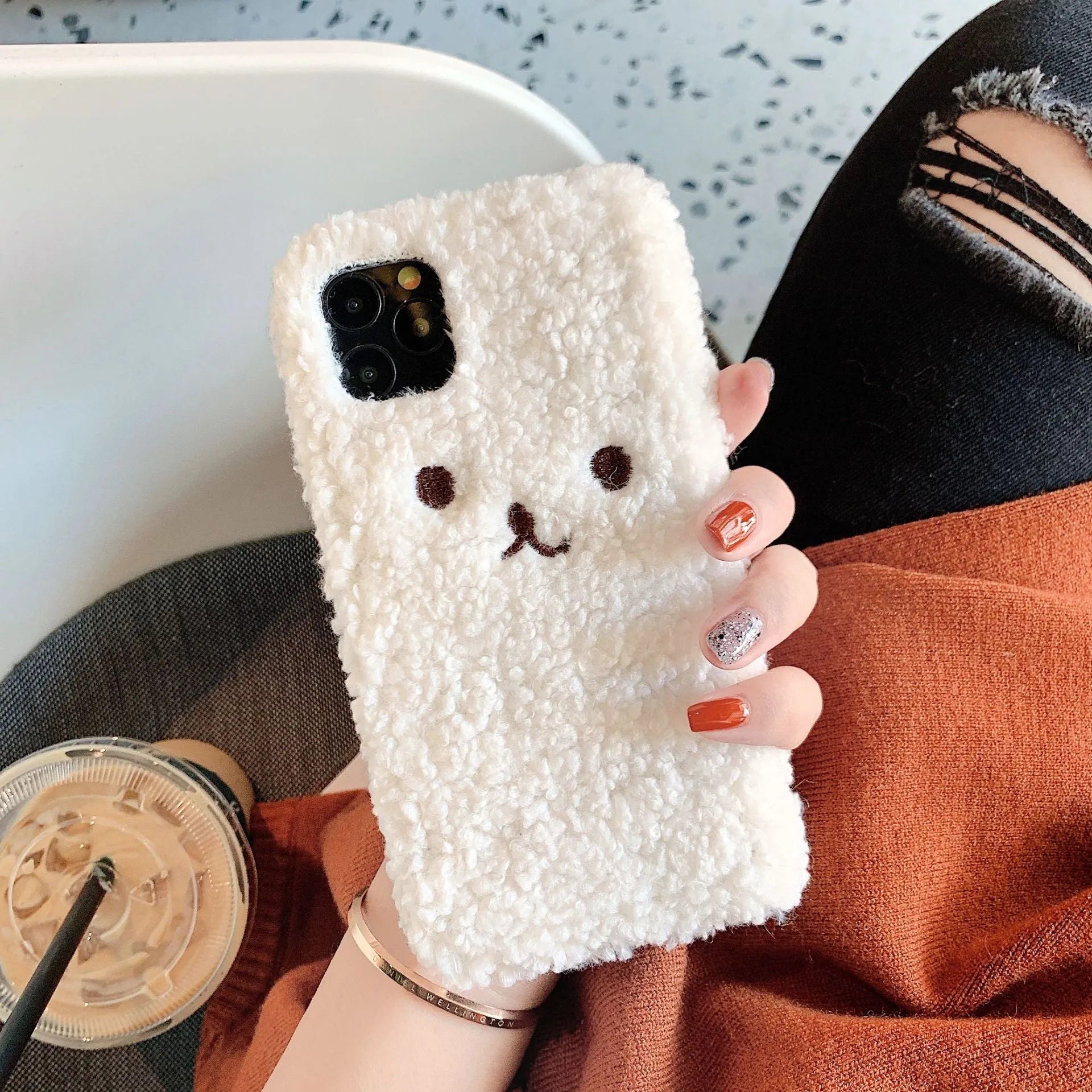 Brown embroidery plush cartoon bear face design on a flexible TPU iPhone phone case