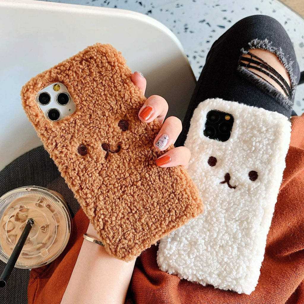 Brown embroidery plush cartoon bear face design on a flexible TPU iPhone phone case