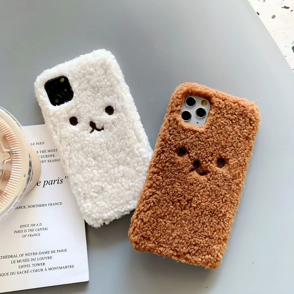 Brown embroidery plush cartoon bear face design on a flexible TPU iPhone phone case