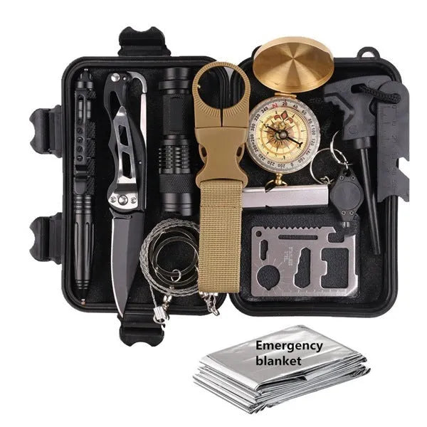 13-piece outdoor survival tool kit with black stainless steel emergency box containing multiple emergency implements