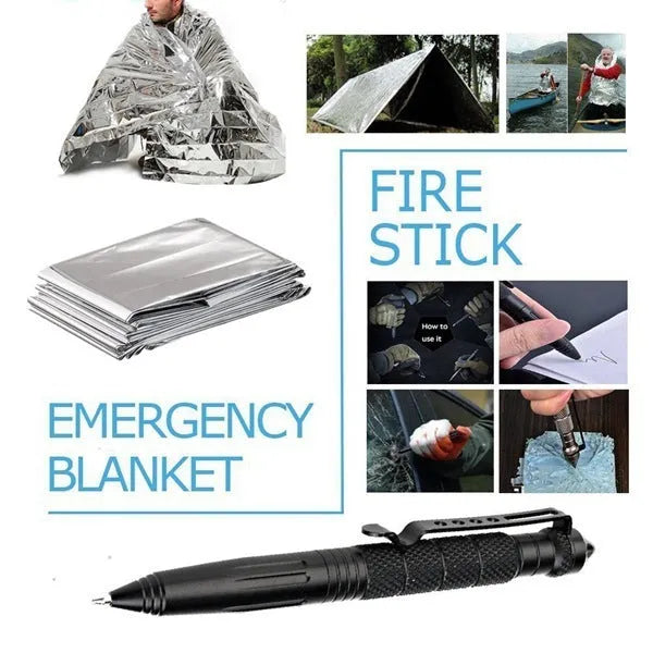 13-piece outdoor survival tool kit with black stainless steel emergency box containing multiple emergency implements