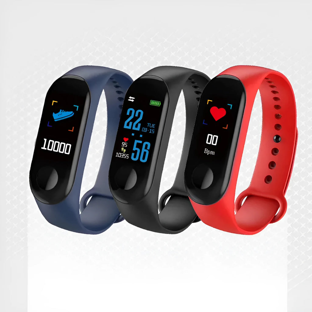 M3 smart bracelet with colour screen showing heart rate display on black wristband