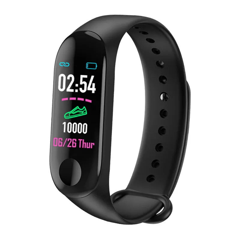 M3 smart bracelet with colour screen showing heart rate display on black wristband