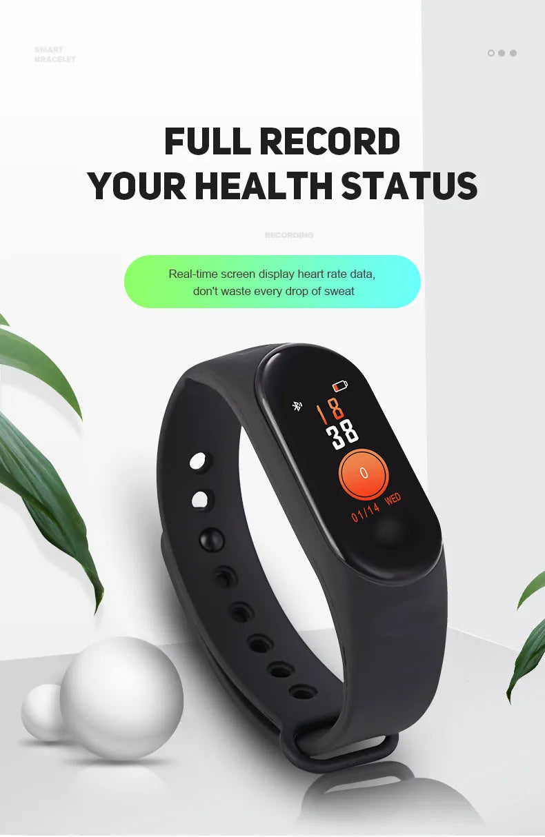M3 smart bracelet with colour screen showing heart rate display on black wristband