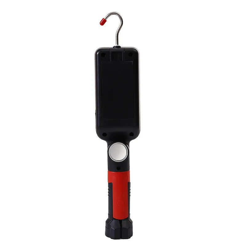 Red portable COB LED work light with a magnetic base and USB charging port.