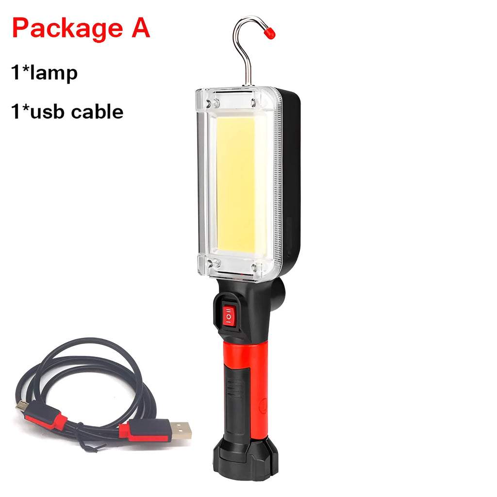 Red portable COB LED work light with a magnetic base and USB charging port.