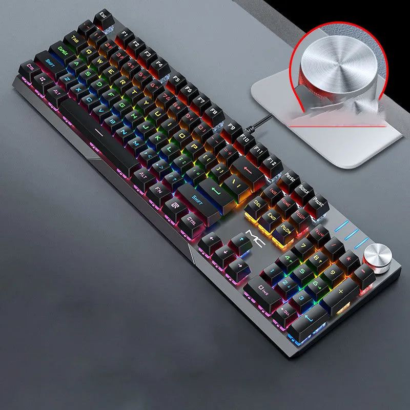 MC wired mechanical keyboard with 104 keys and seven-colour backlight, USB connection, black mixed light colour option