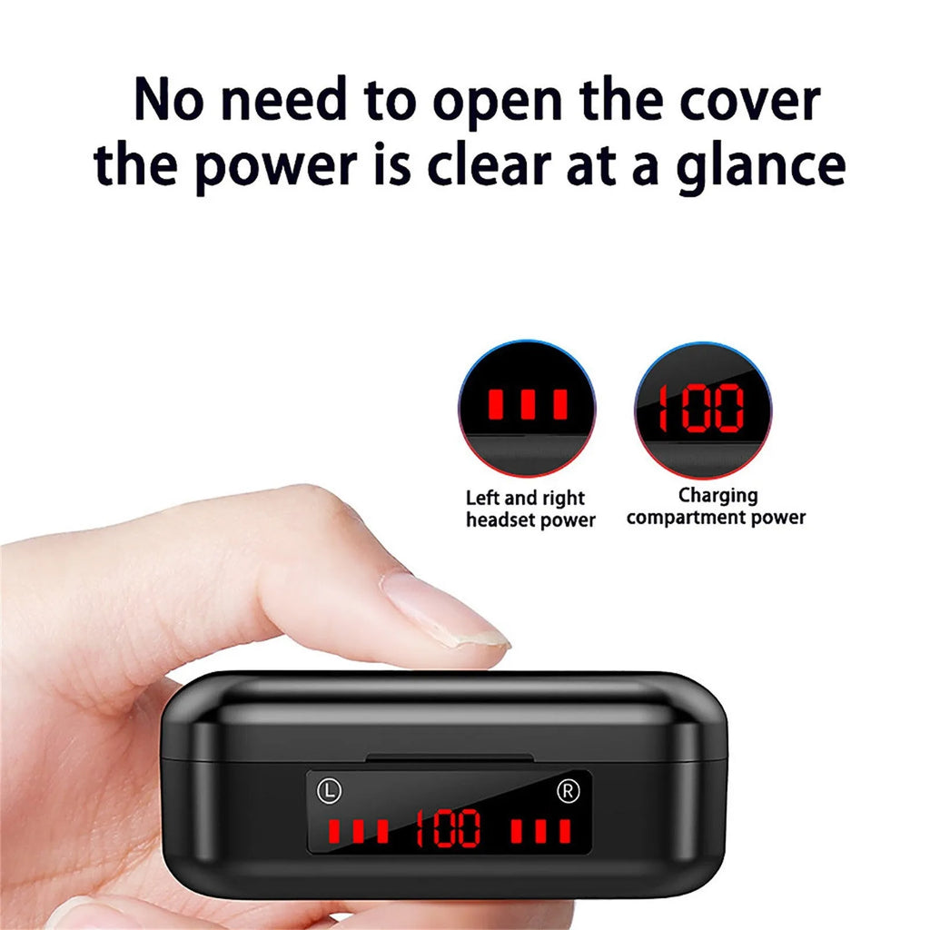 Wireless Bluetooth TWS earphones with charging case and spare ear caps.