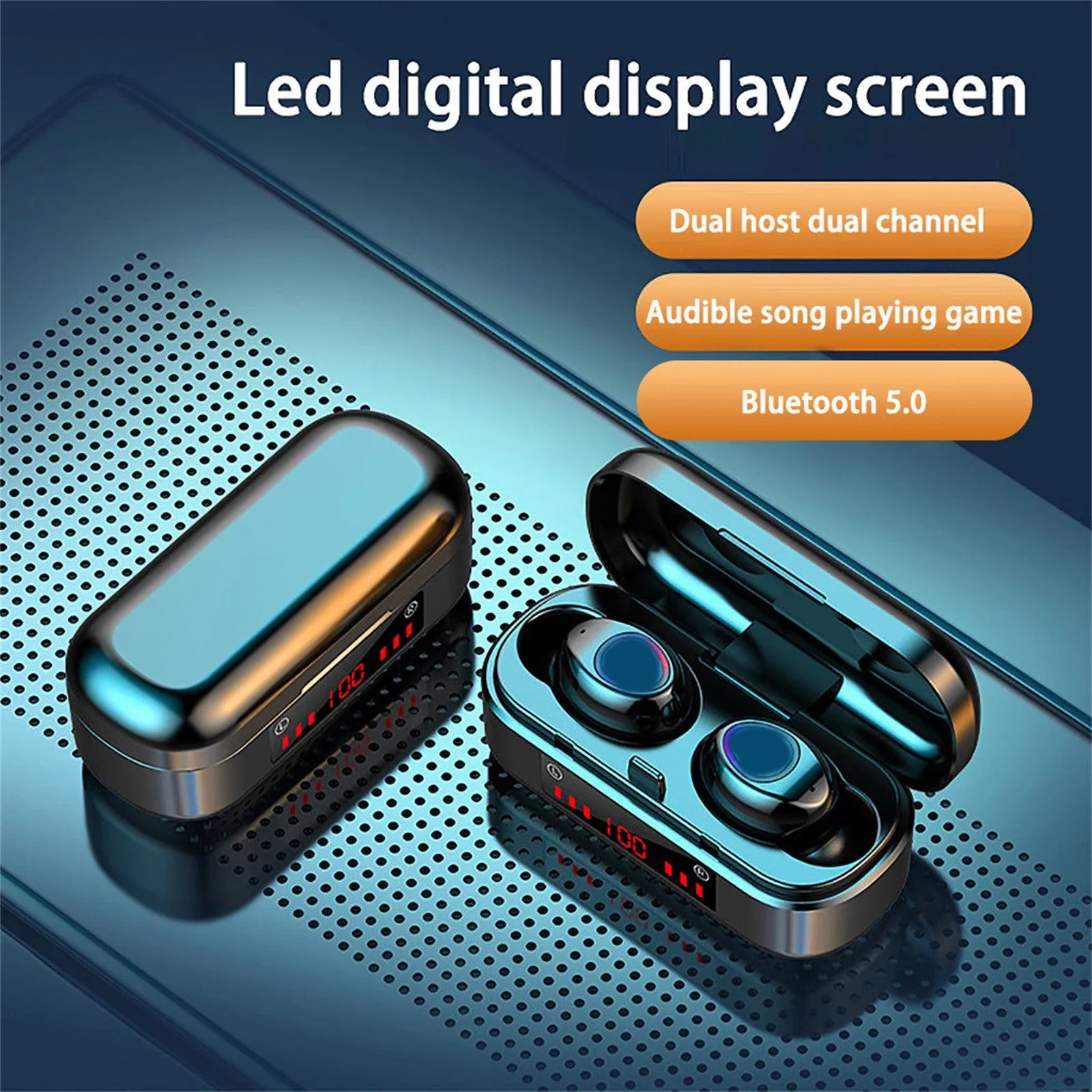 Wireless Bluetooth TWS earphones with charging case and spare ear caps.