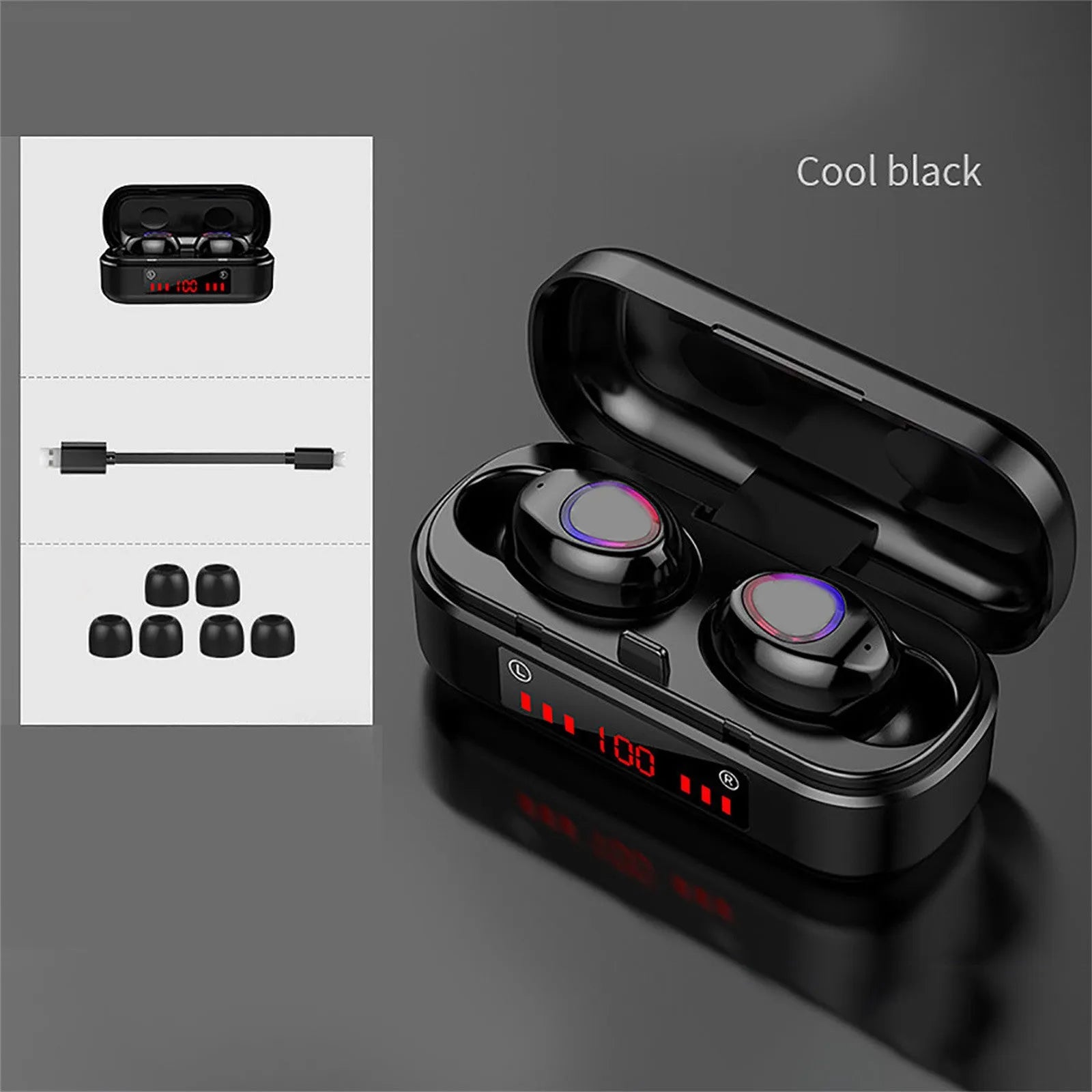Wireless Bluetooth TWS earphones with charging case and spare ear caps.