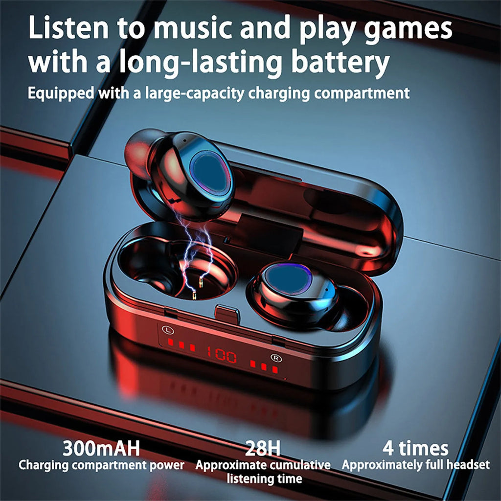 Wireless Bluetooth TWS earphones with charging case and spare ear caps.