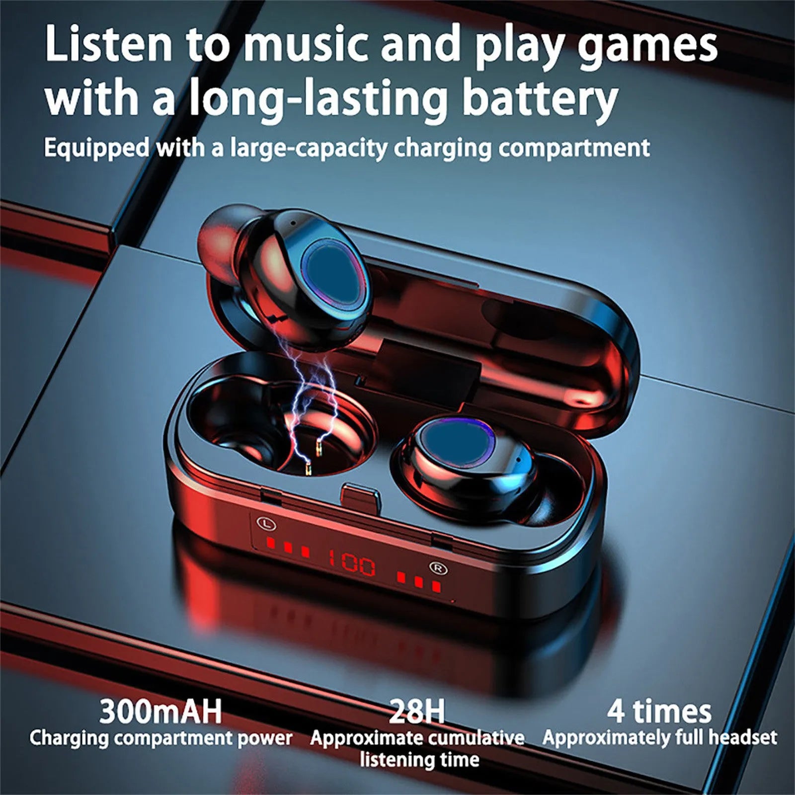 Wireless Bluetooth TWS earphones with charging case and spare ear caps.