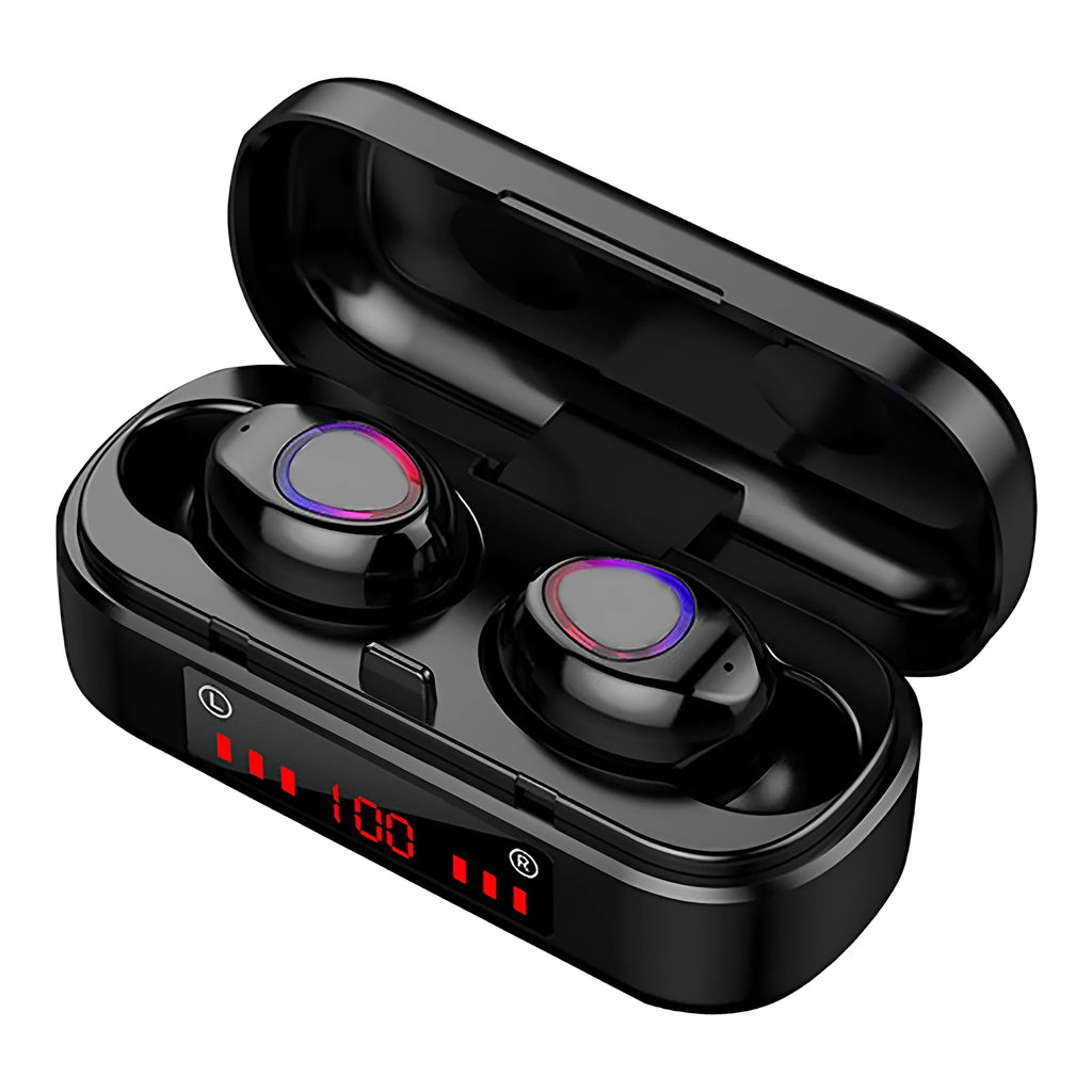 Wireless Bluetooth TWS earphones with charging case and spare ear caps.