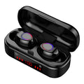 Wireless Bluetooth TWS earphones with charging case and spare ear caps.