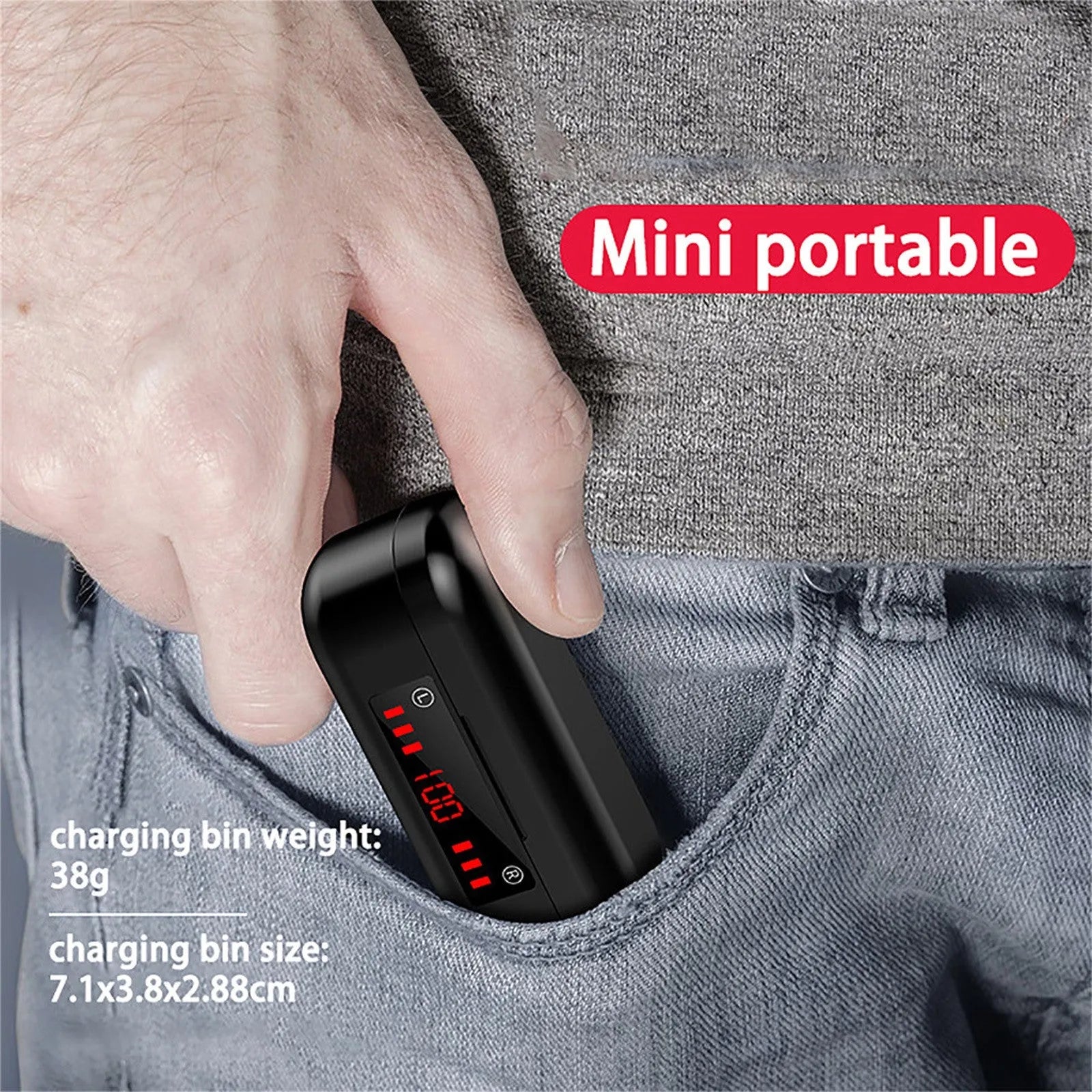 Wireless Bluetooth TWS earphones with charging case and spare ear caps.