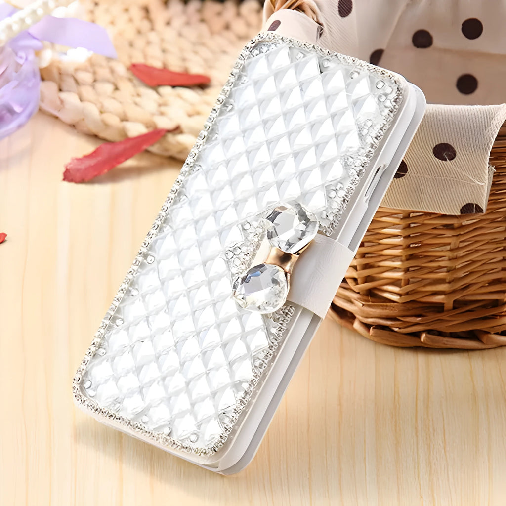 Luxury bling crystal rhinestone wallet flip cover case for iPhone and Samsung phones in Rose Gold