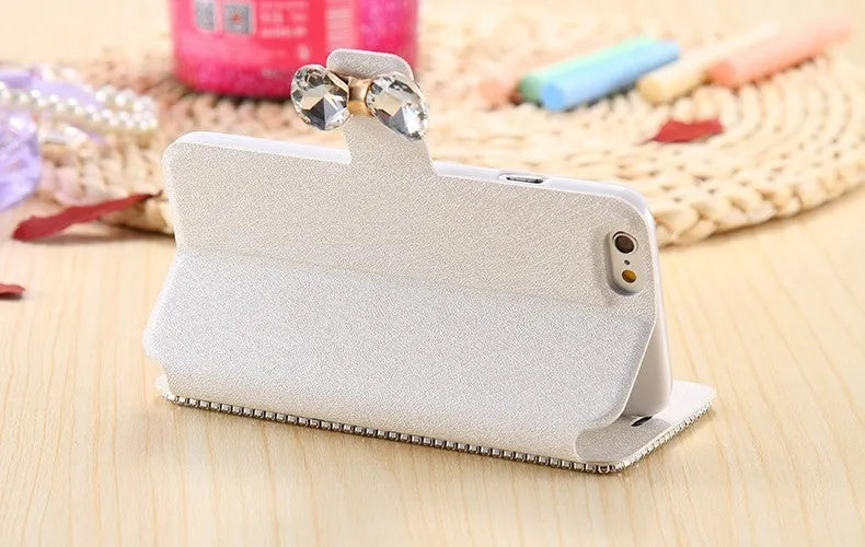 Luxury bling crystal rhinestone wallet flip cover case for iPhone and Samsung phones in Rose Gold