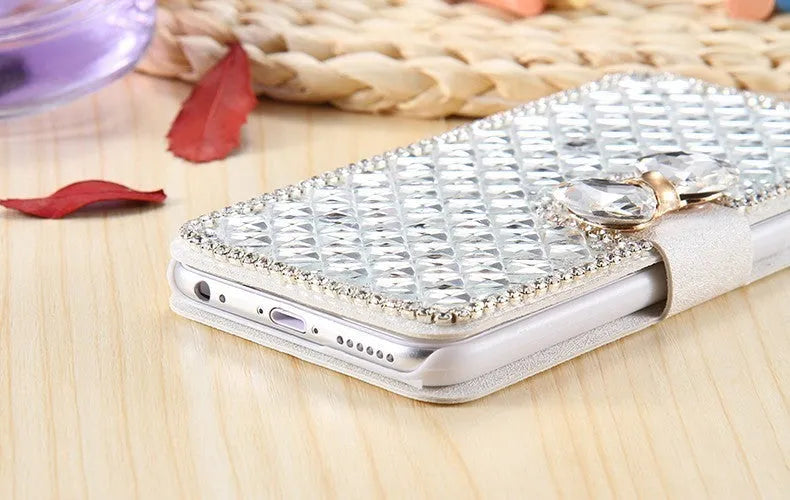 Luxury bling crystal rhinestone wallet flip cover case for iPhone and Samsung phones in Rose Gold