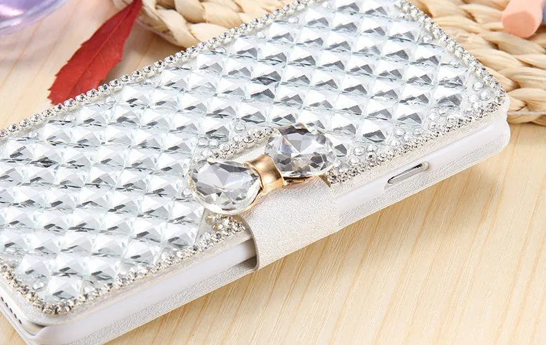 Luxury bling crystal rhinestone wallet flip cover case for iPhone and Samsung phones in Rose Gold