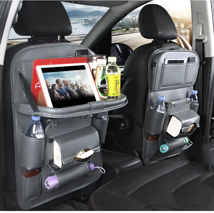 PU leather car storage hanging bag with multiple pockets in choice of six colours attached to car seat back