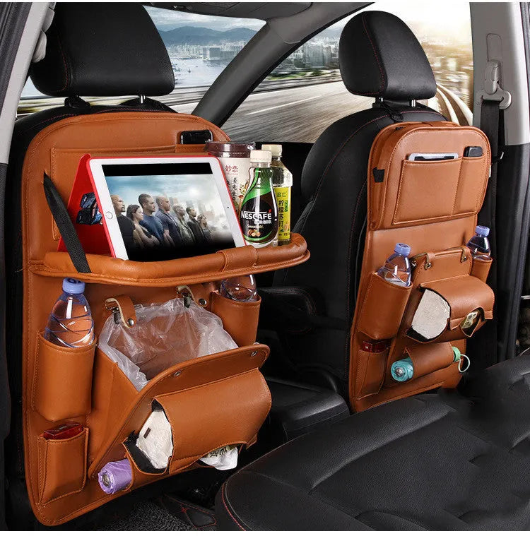 PU leather car storage hanging bag with multiple pockets in choice of six colours attached to car seat back