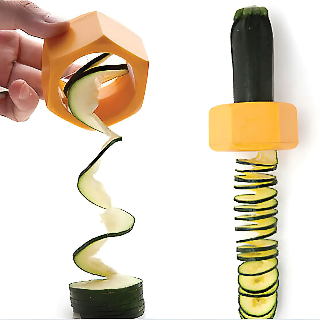Yellow and green spiral vegetable cutter made from food-grade ABS plastic on a kitchen counter.